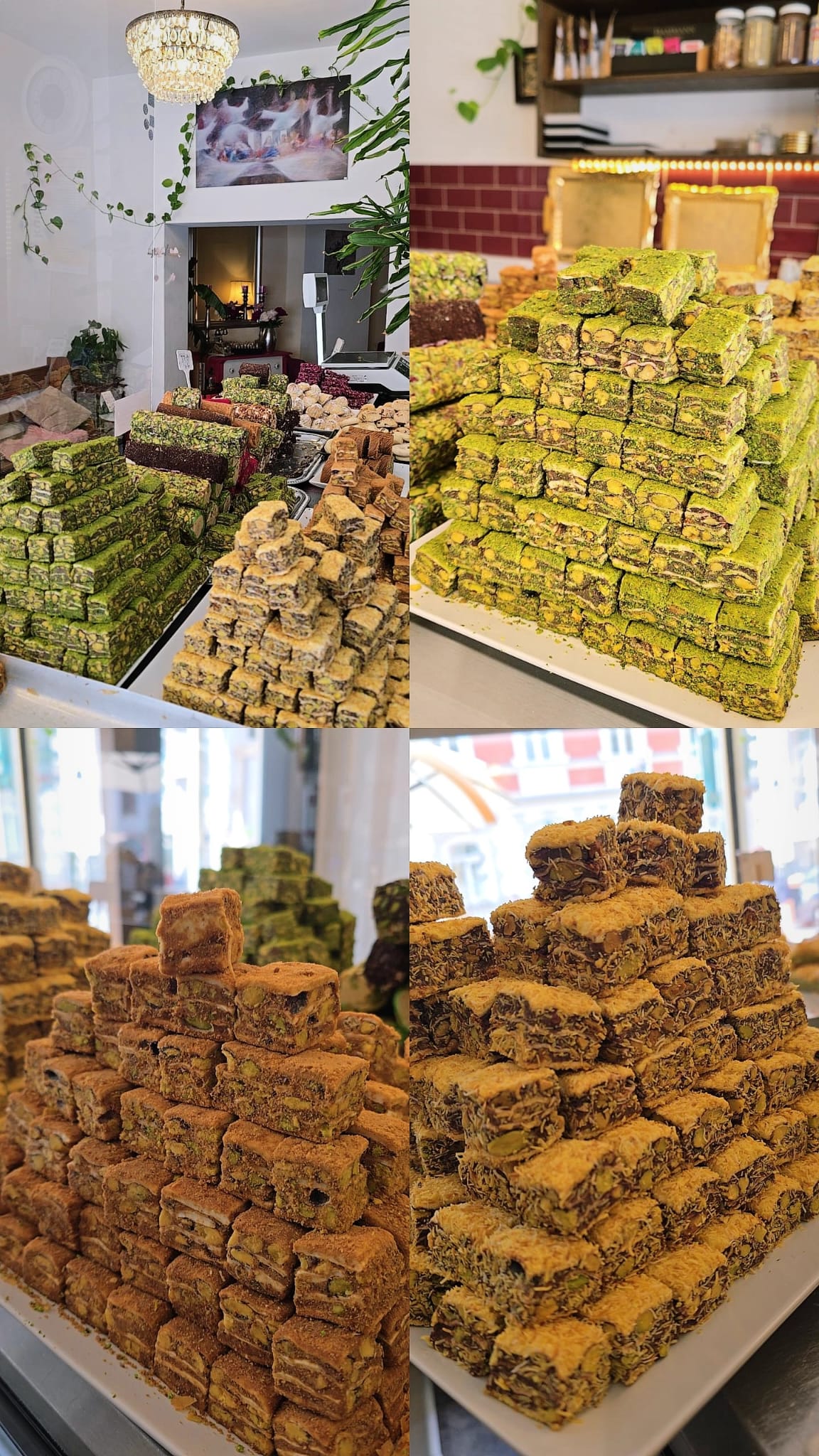 Auswahl an orientalischen Baklava-Süßigkeiten, bestreut mit Pistazien